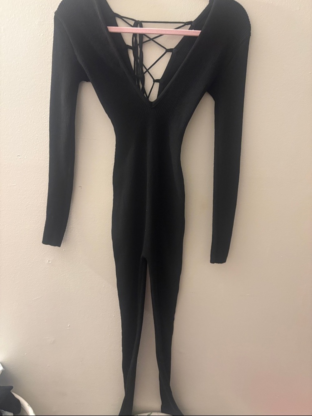 Black Long-Sleeve Ribbed Lace-Up Women's jumpsuit